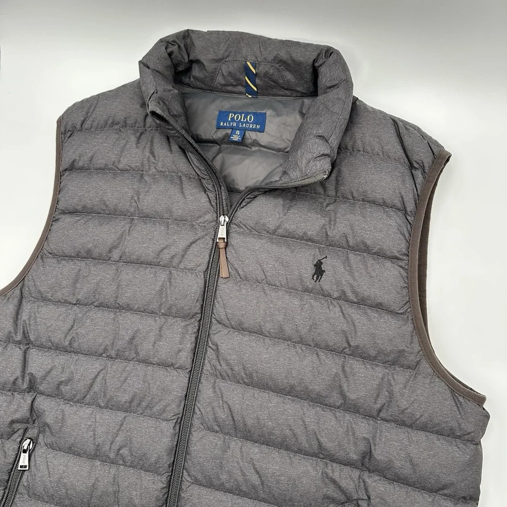 Polo Ralph Lauren Mens XL Gray Duck Down Full Zip Puffer Vest Pony Logo Pockets